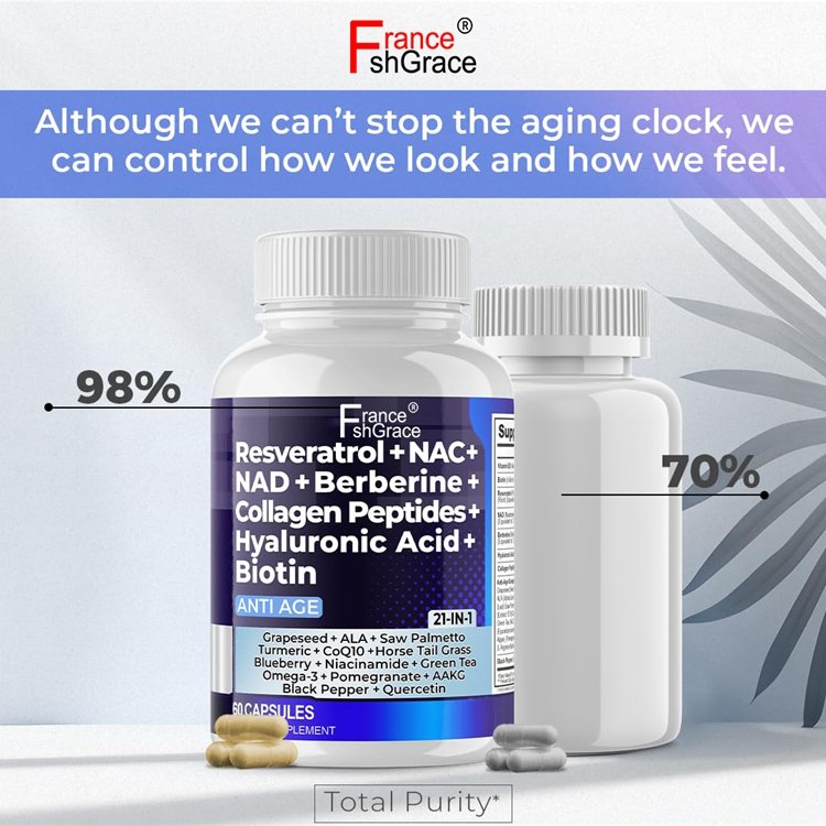 Resveratrol NAD+ Berberine Hyaluronic Acid Biotin Grape & Blueberry + NAC Collagen Peptides Hair Nail Skin & Joint Supplement