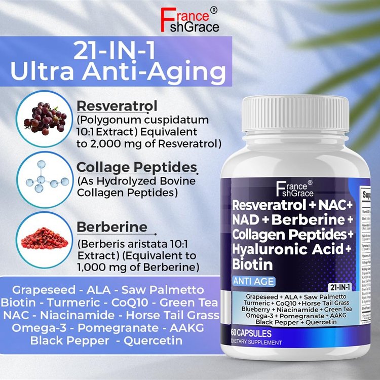 Resveratrol NAD+ Berberine Hyaluronic Acid Biotin Grape & Blueberry + NAC Collagen Peptides Hair Nail Skin & Joint Supplement