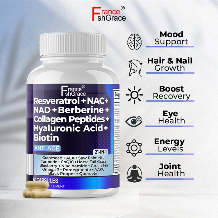 Resveratrol NAD+ Berberine Hyaluronic Acid Biotin Grape & Blueberry + NAC Collagen Peptides Hair Nail Skin & Joint Supplement