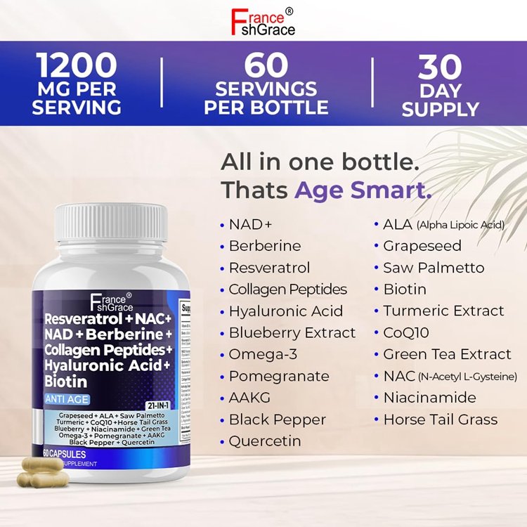 Resveratrol NAD+ Berberine Hyaluronic Acid Biotin Grape & Blueberry + NAC Collagen Peptides Hair Nail Skin & Joint Supplement