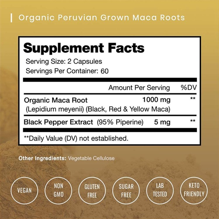 Organically Grown In Peru Maca 120 Veggie Capsules Dietary Supplenet Lncludes Black Red Yellow