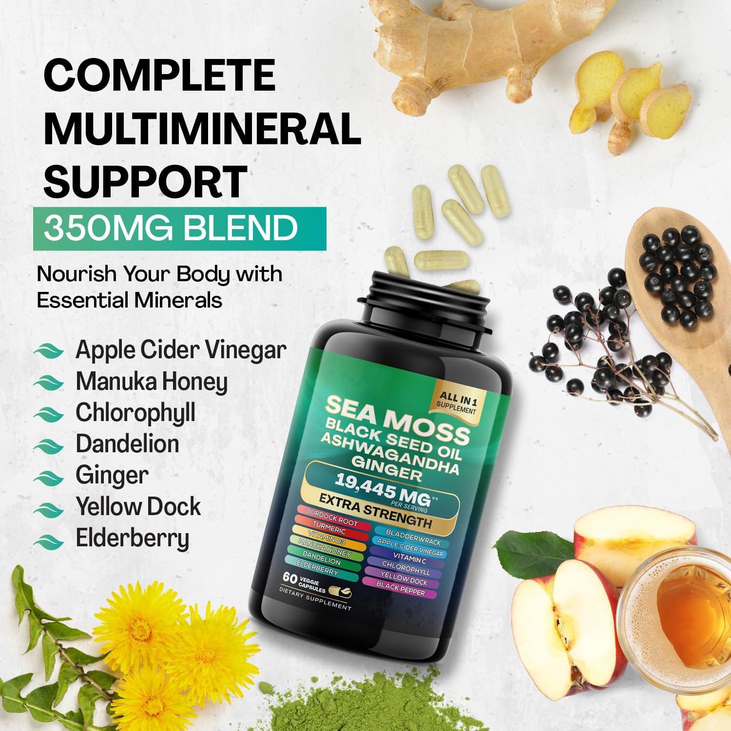 All-In-One Herbal Capsules Combination of Shilajit Ashwagandha Turmeric Ginkgo Rhodiola Rosea Panax Ginseng 1 unit 2 bottles