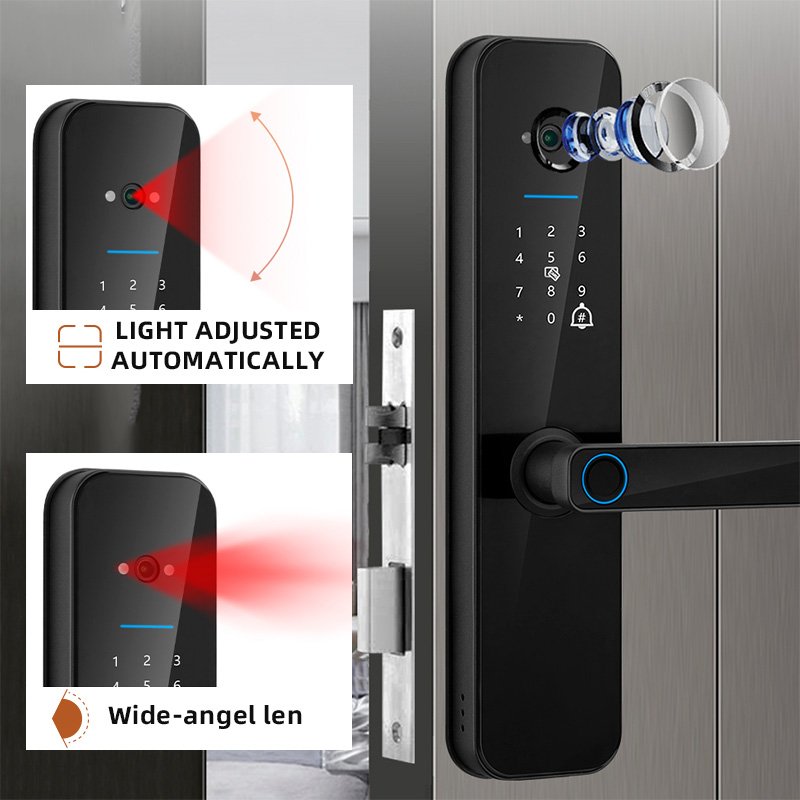 XSDTS Tuya Wifi Electronic Smart Door Lock With Camera Fingerprint Smart Card Password Key Unlock USB Emergency