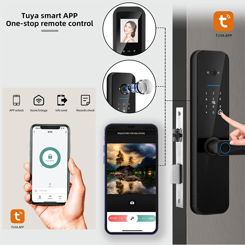 XSDTS Tuya Wifi Electronic Smart Door Lock With Camera Fingerprint Smart Card Password Key Unlock USB Emergency