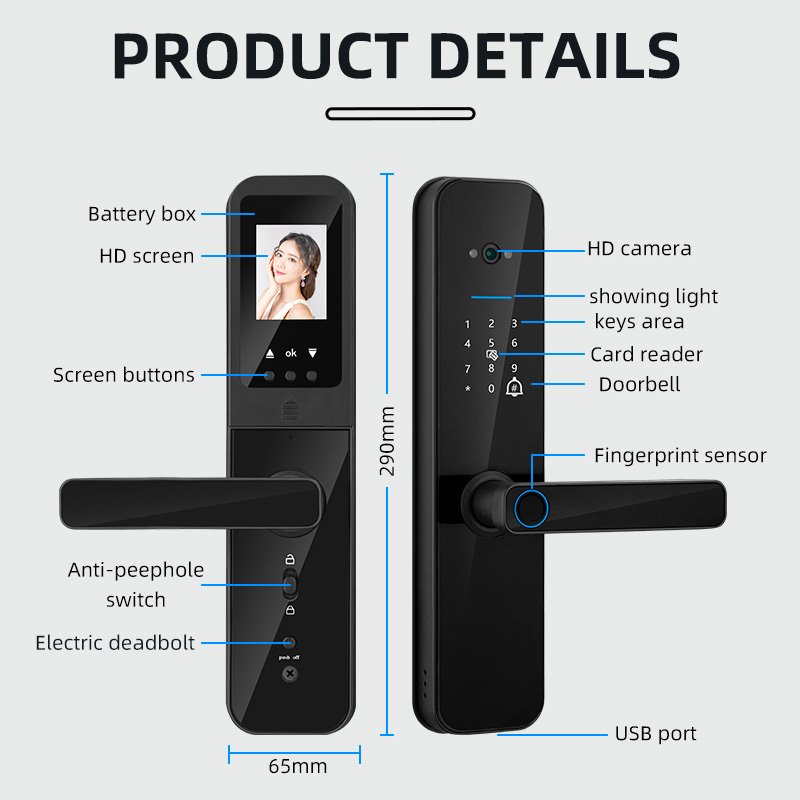 XSDTS Tuya Wifi Electronic Smart Door Lock With Camera Fingerprint Smart Card Password Key Unlock USB Emergency