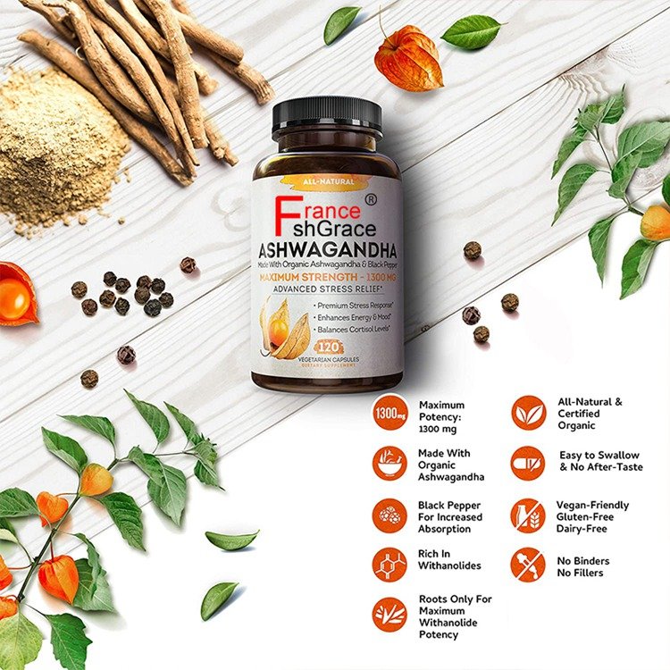 All-natura dietary supplement made with organic ashwagandha black pepper 120 vegetarian capsules