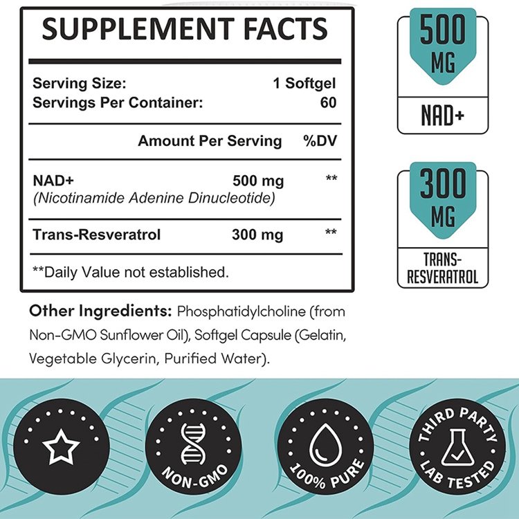 60 Softgels Liposomal NAD+ 800 mg with Trans Resveratrol 300 mg Max Absorption Boosting Supplement for Healthy Aging