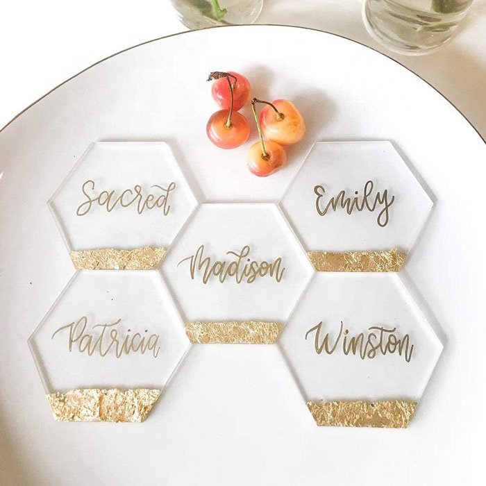 Acrylic Wedding Place Card Holders Clear Base Freestanding Geometric Laser Cut Plate Guest Names Escort Cards