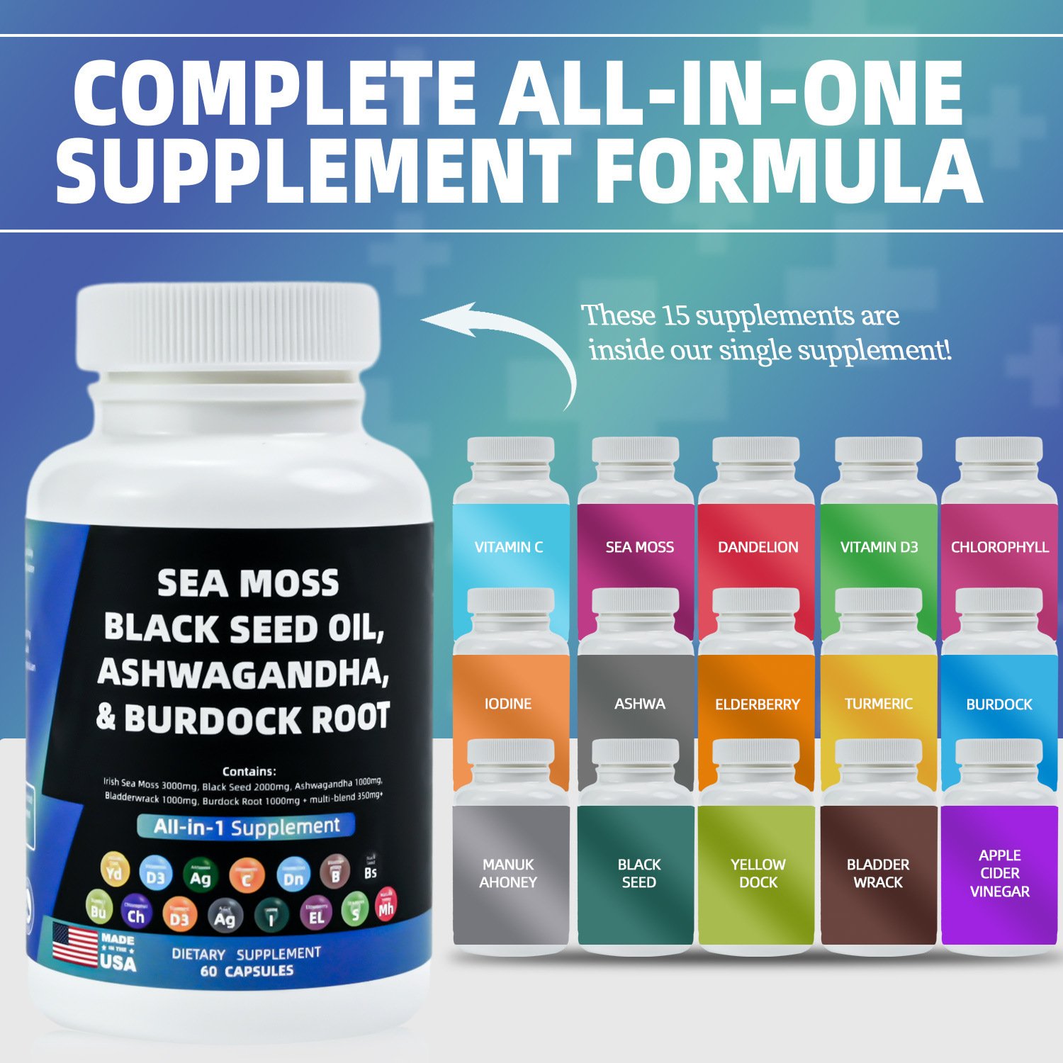 All in 1 Supplement Complex Capsules Sea Moss Black Seed Oil Ashwagandha & Burdock Root