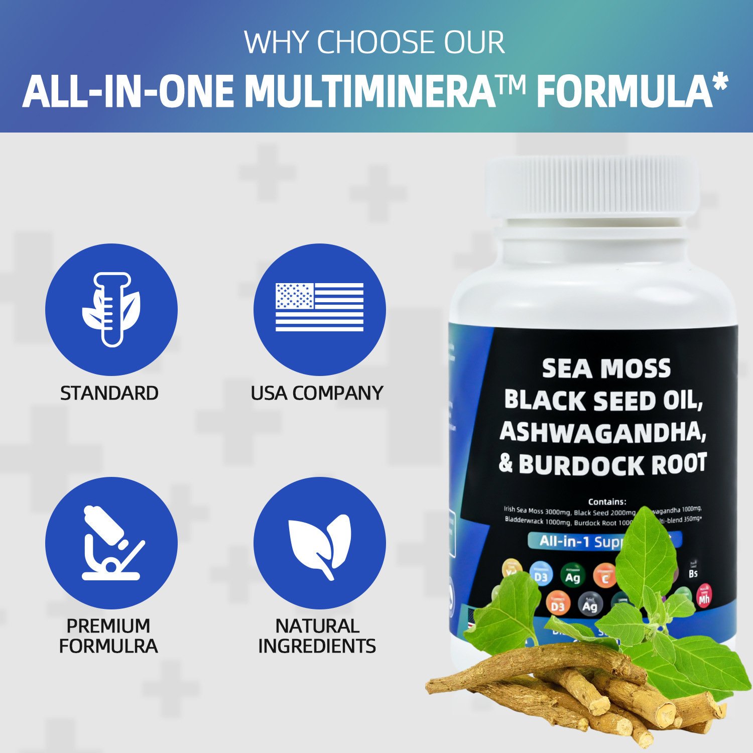 All in 1 Supplement Complex Capsules Sea Moss Black Seed Oil Ashwagandha & Burdock Root