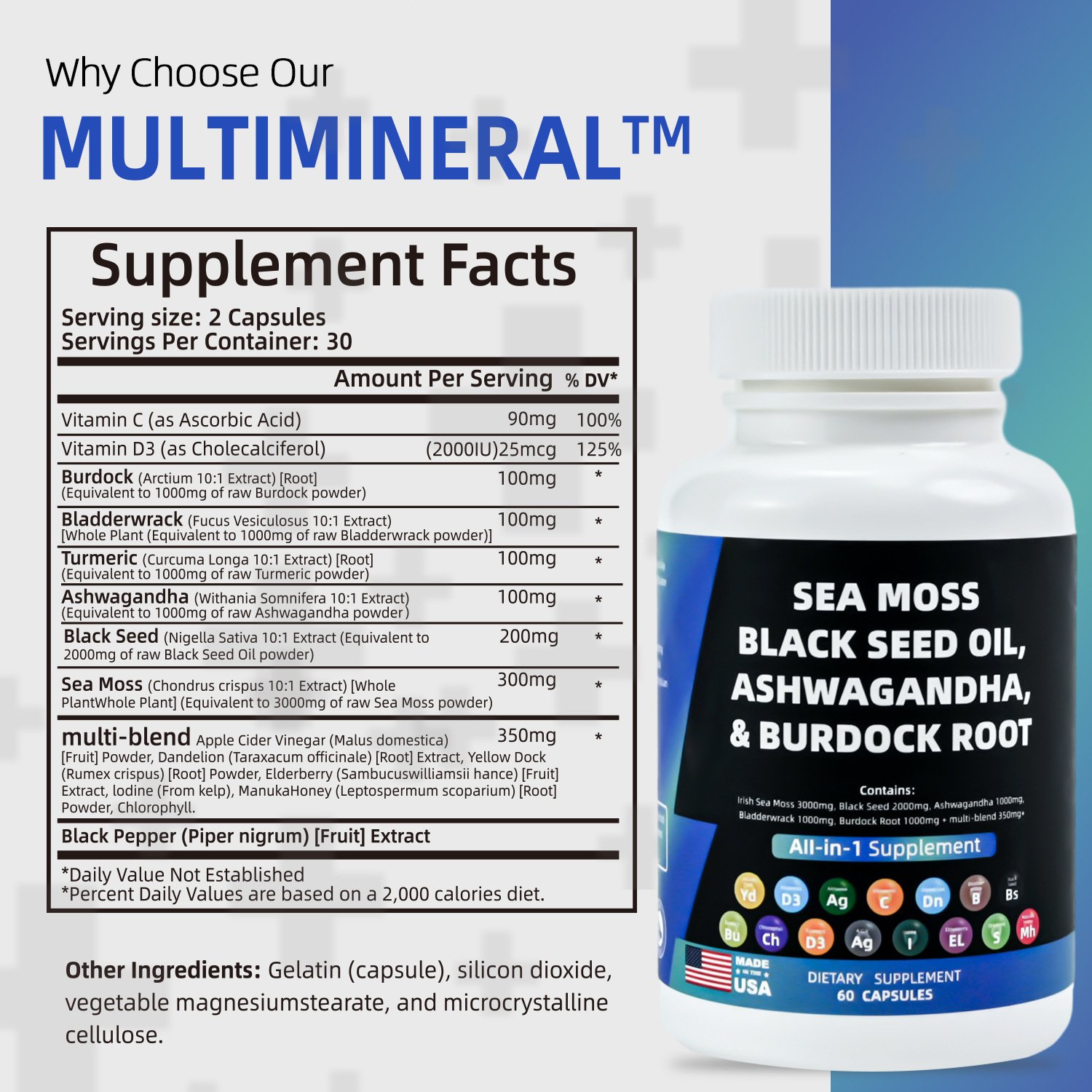 All in 1 Supplement Complex Capsules Sea Moss Black Seed Oil Ashwagandha & Burdock Root