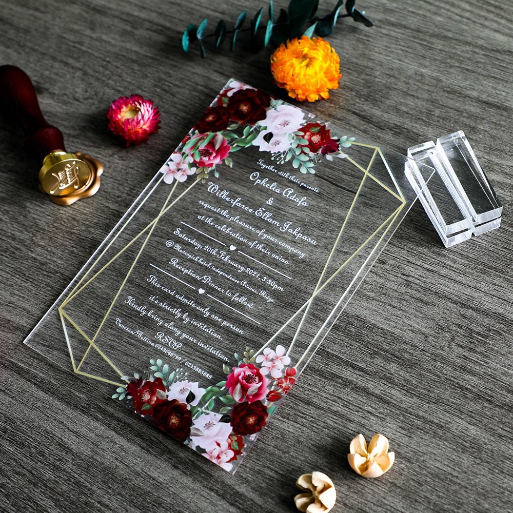 Luxurious Customized Uv printing Green Floral Flower Acrylic Wedding Place Invitation Card with Envelope