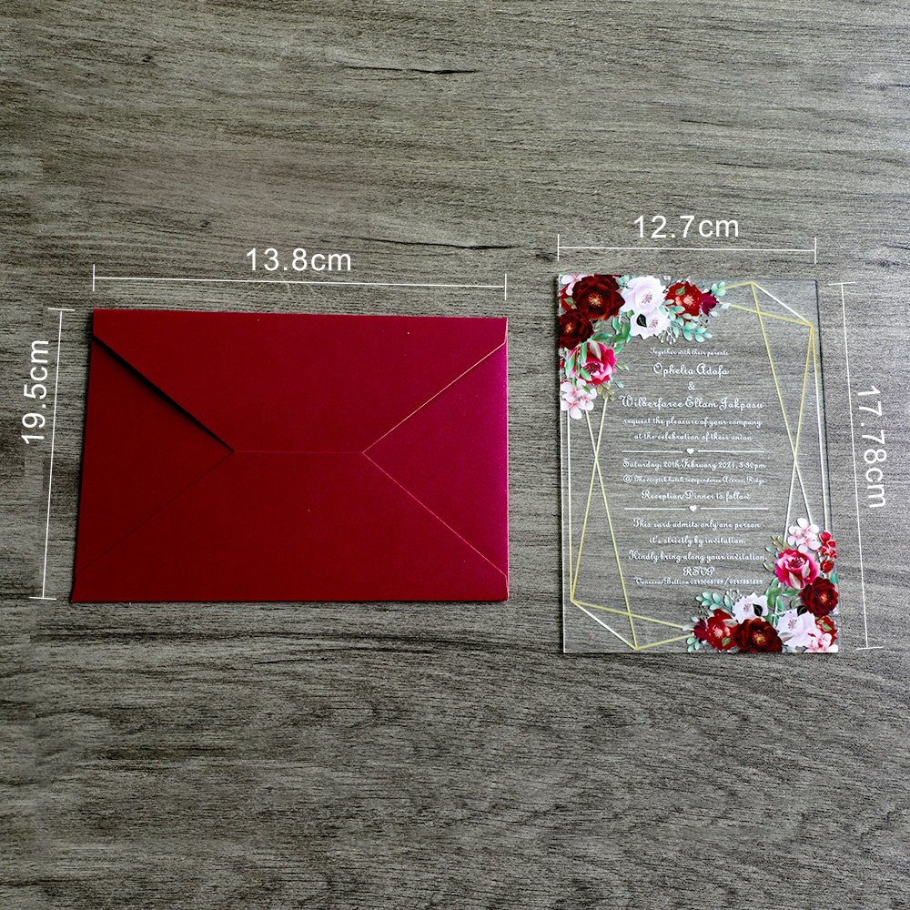 Luxurious Customized Uv printing Green Floral Flower Acrylic Wedding Place Invitation Card with Envelope