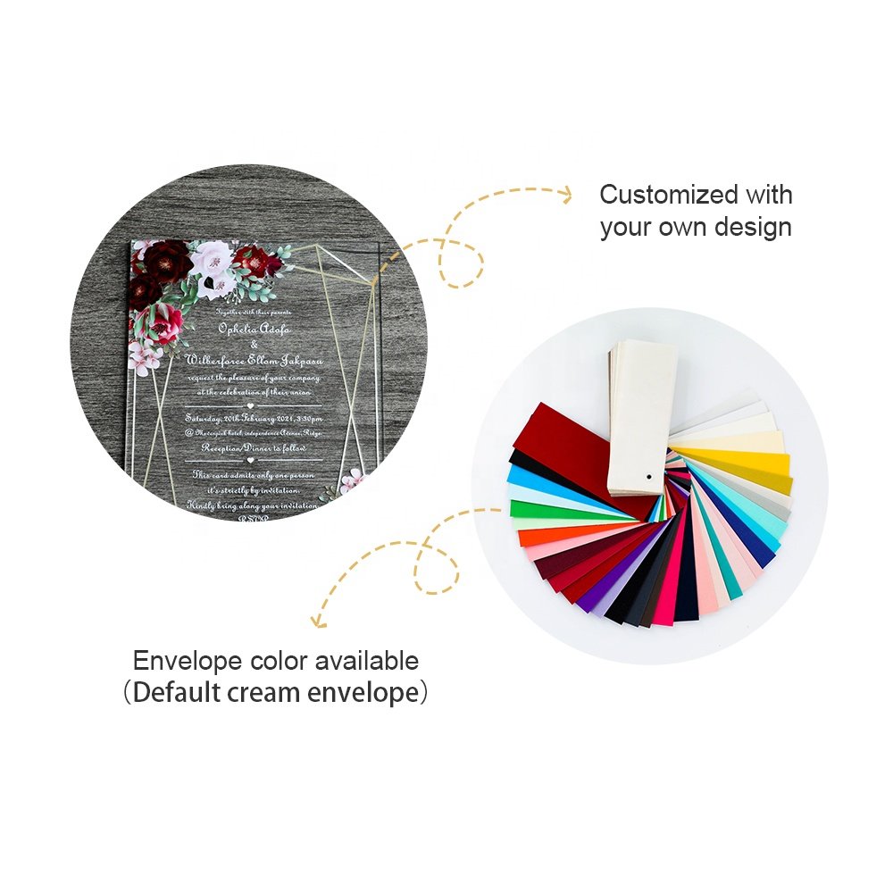 Luxurious Customized Uv printing Green Floral Flower Acrylic Wedding Place Invitation Card with Envelope