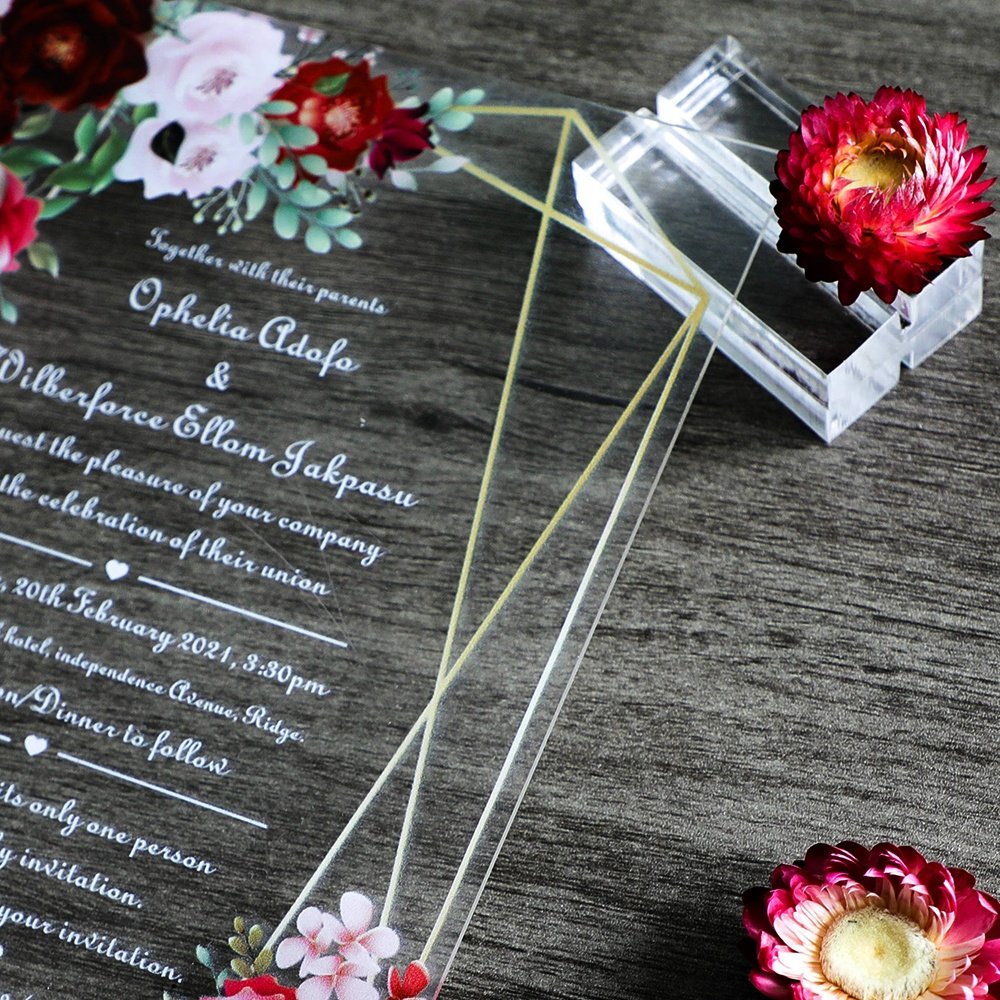 Luxurious Customized Uv printing Green Floral Flower Acrylic Wedding Place Invitation Card with Envelope