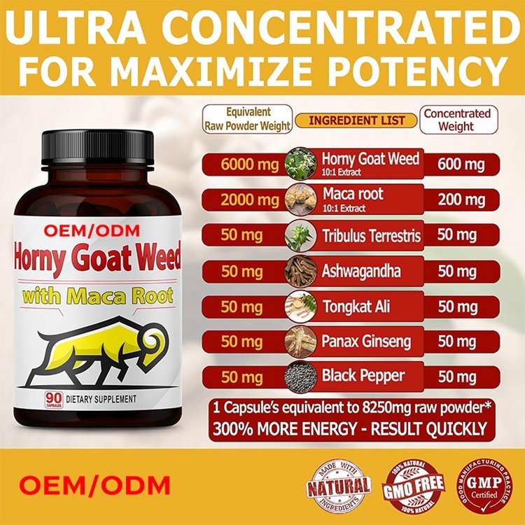 Horny Goat Weed Capsules with Maca Root Tribulus Ashwagandha Tongkat Ali Panax Ginseng for Boost Energy