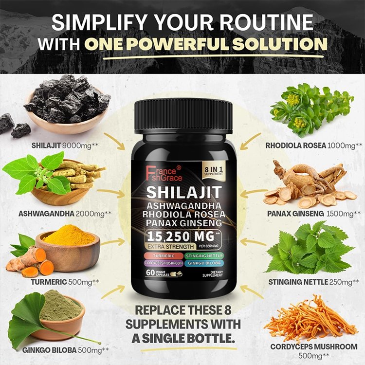 Himalayan Shilajit Energy Booster with Ashwagandha Turmeric Ginkgo Biloba Stinging Nettle Cordyceps Mushroom