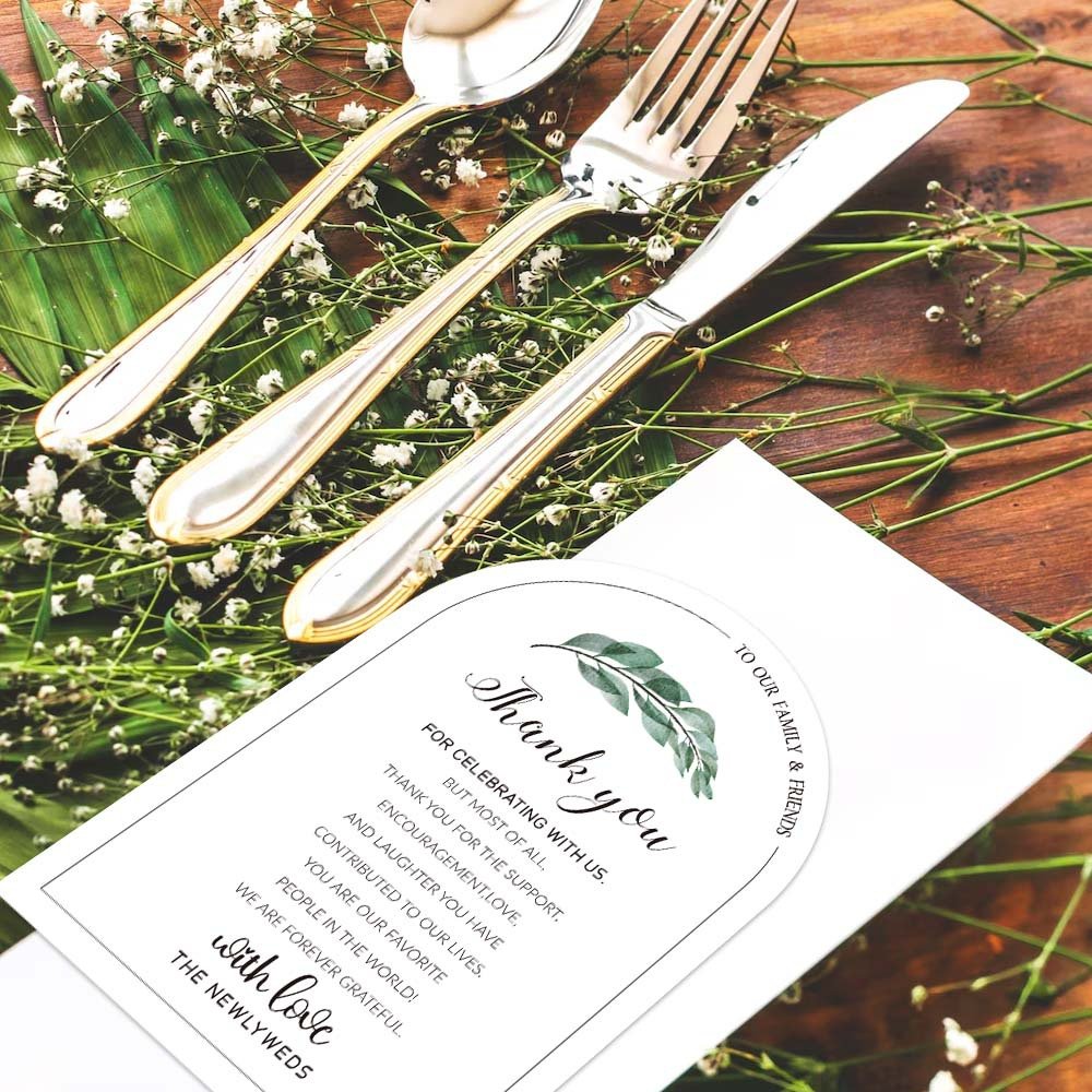 Joyen Elegant Thank You Cards 50 pieces/pack Green Leaf Wedding Dinner Printing Thank you card for Wedding Table Decoration