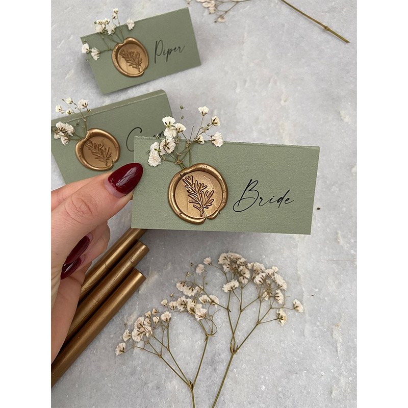 Custom Boutique Bunny Tails Sage Green And Gold Gypsophila Wedding Name Place Cards With Wax Seal
