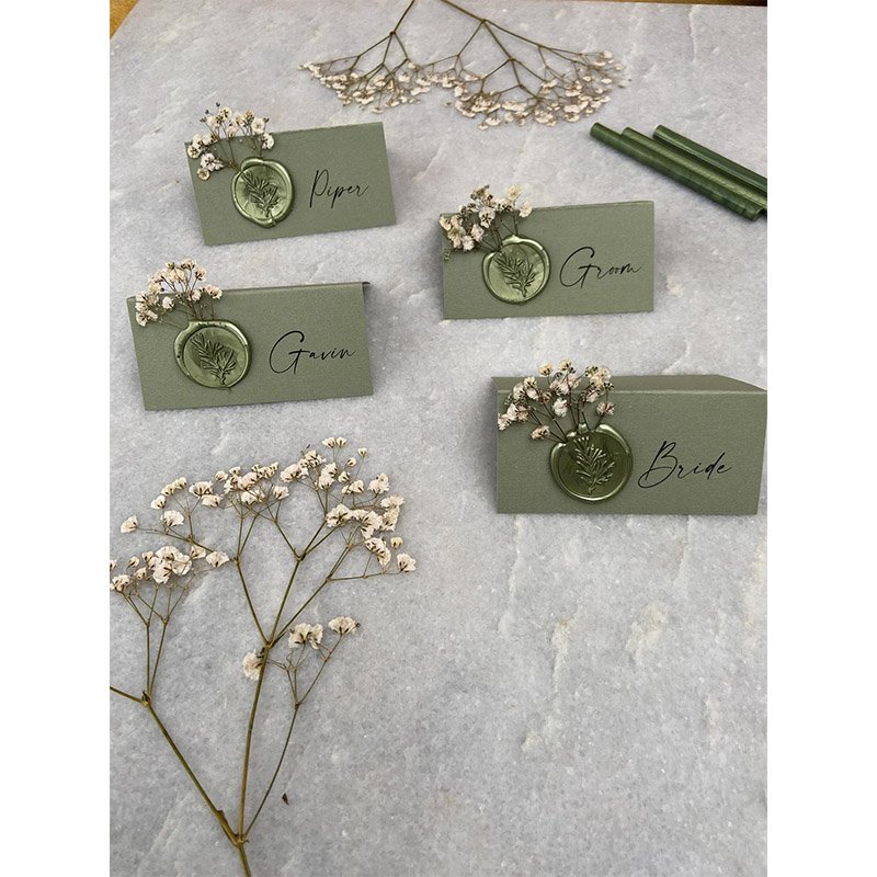 Custom Boutique Bunny Tails Sage Green And Gold Gypsophila Wedding Name Place Cards With Wax Seal