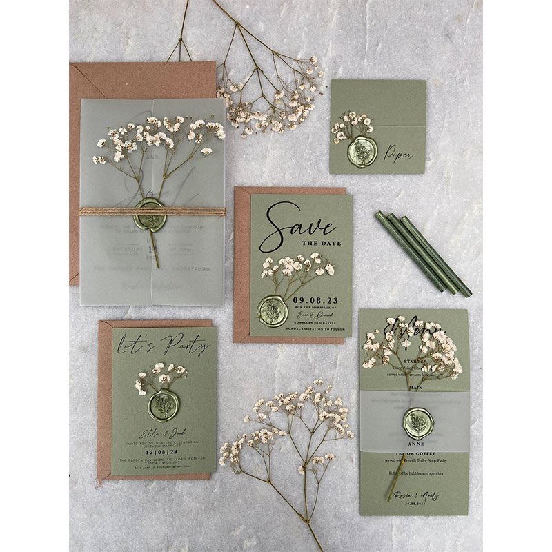 Custom Boutique Bunny Tails Sage Green And Gold Gypsophila Wedding Name Place Cards With Wax Seal