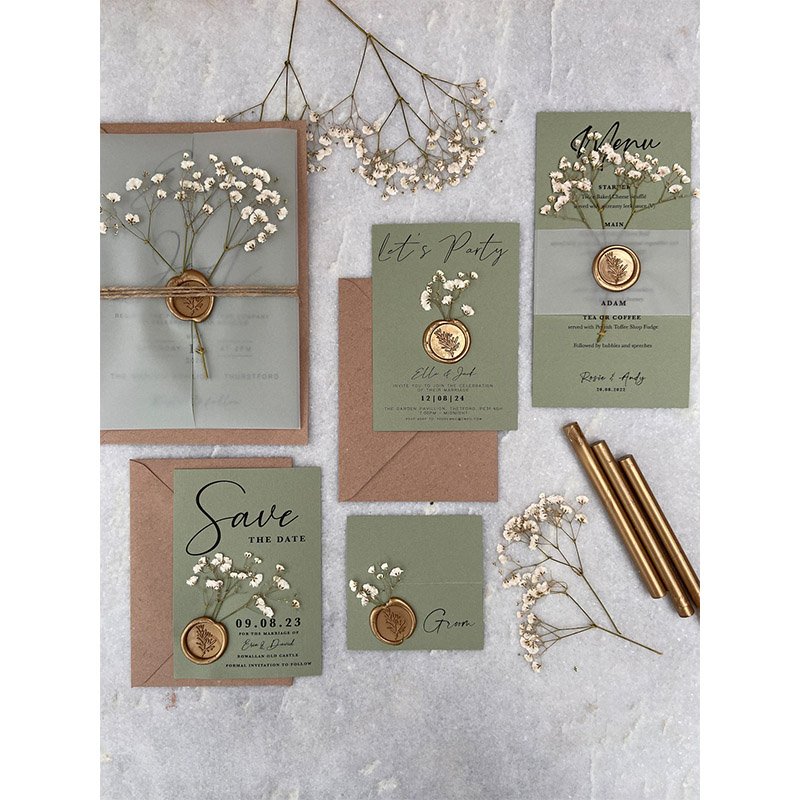 Custom Boutique Bunny Tails Sage Green And Gold Gypsophila Wedding Name Place Cards With Wax Seal