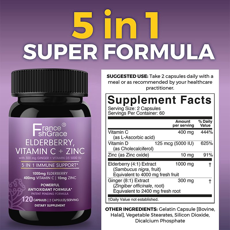 Sambucus Elderberry with Zinc and Vitamin C for Adults Vitamin D3 Ginger Immune Support Supplemen Black Dried Elderberry Capsul
