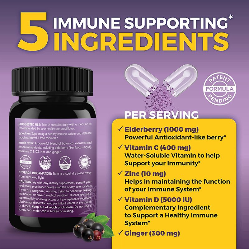 Sambucus Elderberry with Zinc and Vitamin C for Adults Vitamin D3 Ginger Immune Support Supplemen Black Dried Elderberry Capsul
