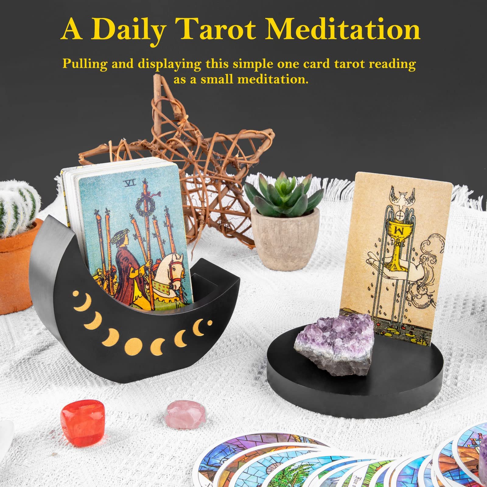 Wholesale black Crystal Holder Moon Tray wooden tray Custom wooden card base wood tarot card stand holder