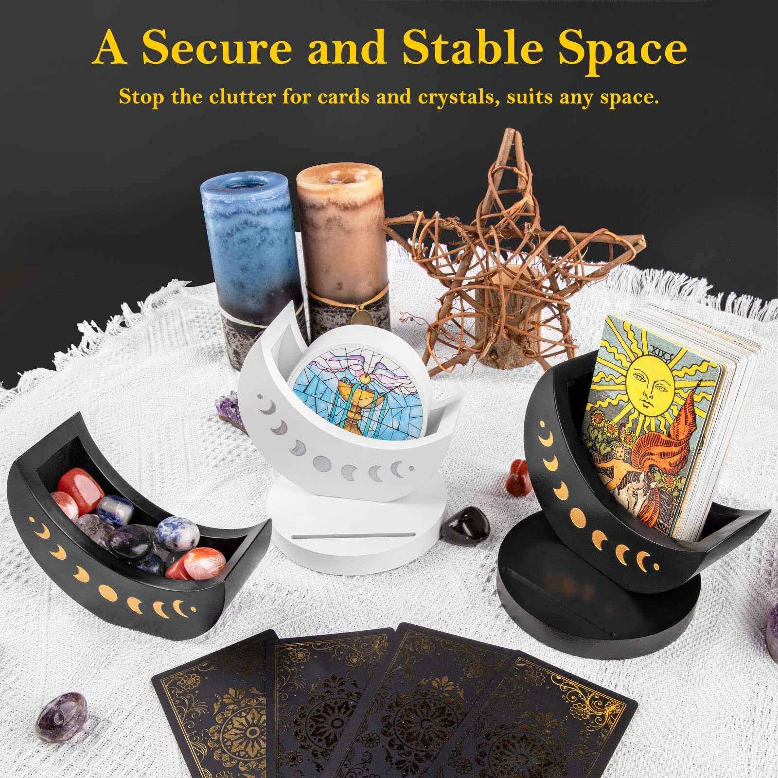 Wholesale black Crystal Holder Moon Tray wooden tray Custom wooden card base wood tarot card stand holder