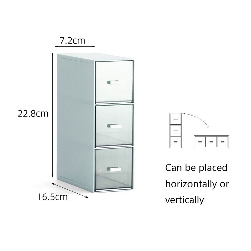 Desktop storage box, can be placed horizontally or vertically, 3-compartment transparent drawer