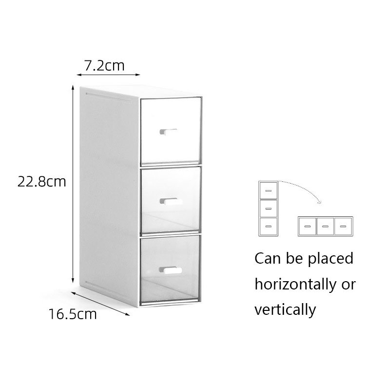 Desktop storage box, can be placed horizontally or vertically, 3-compartment transparent drawer