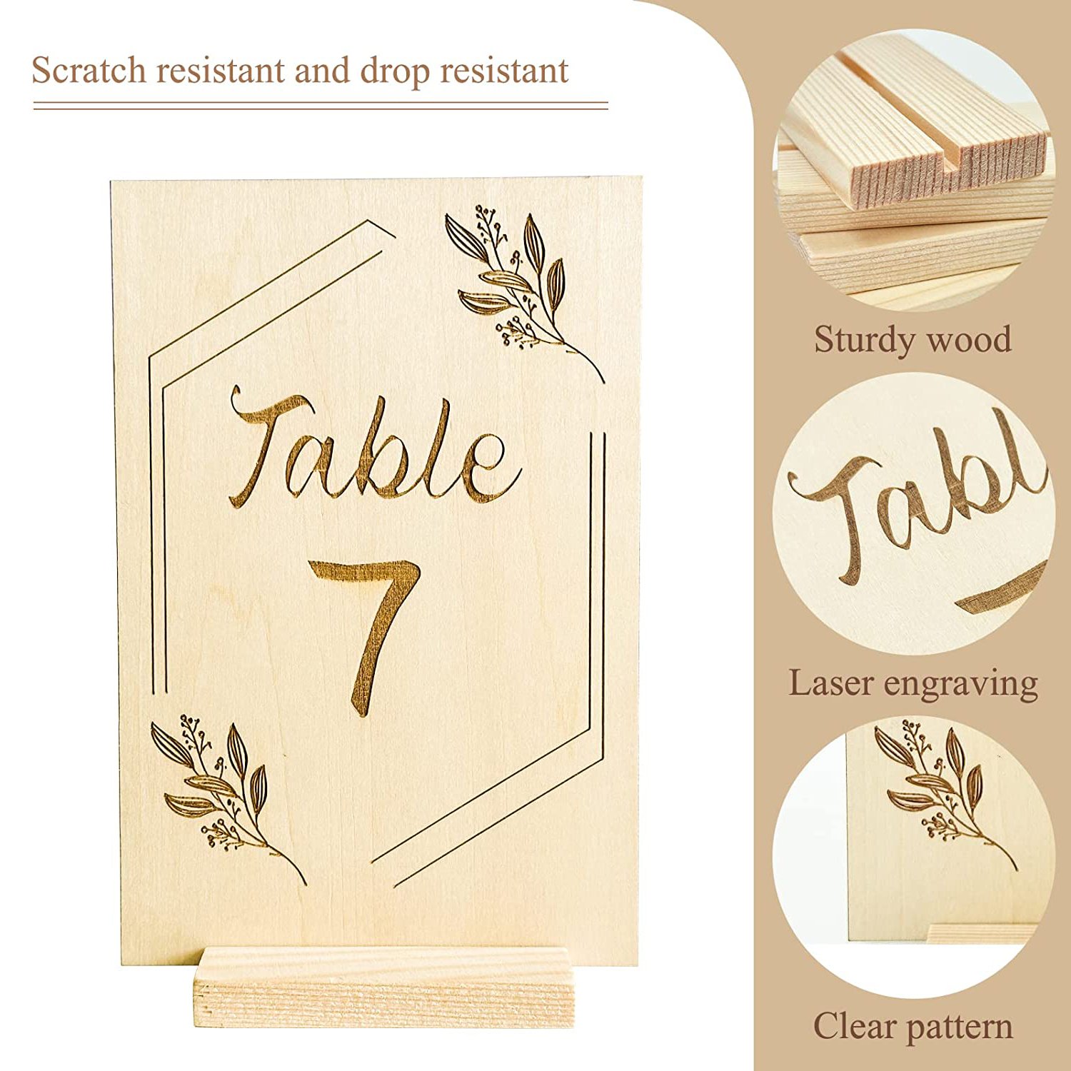 Nicro 4x6" Table Centerpieces Party Supplies Double Sided Place Card Rustic Wedding Wooden Laser Table Numbers Holder Stand Sign