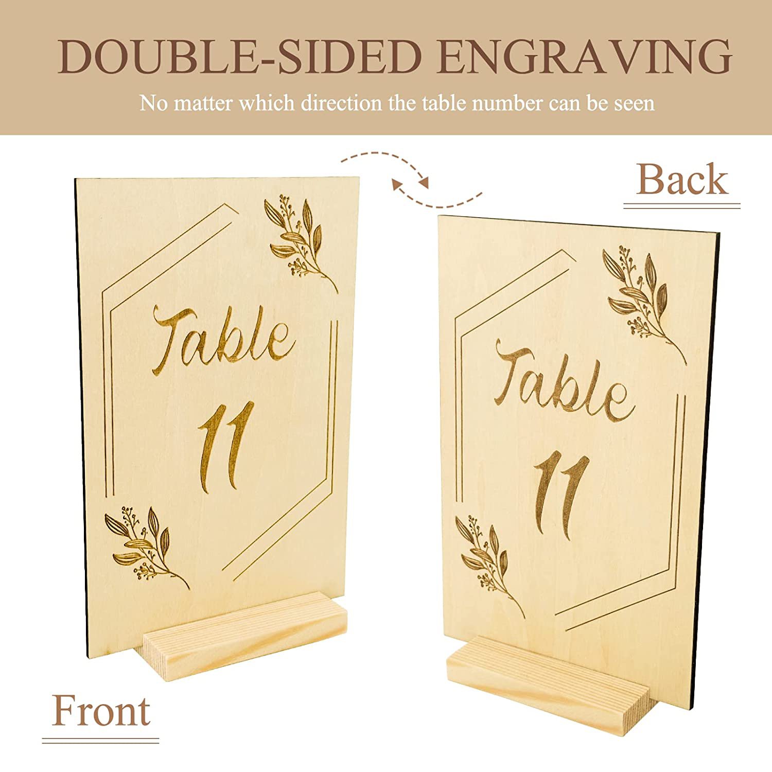 Nicro 4x6" Table Centerpieces Party Supplies Double Sided Place Card Rustic Wedding Wooden Laser Table Numbers Holder Stand Sign
