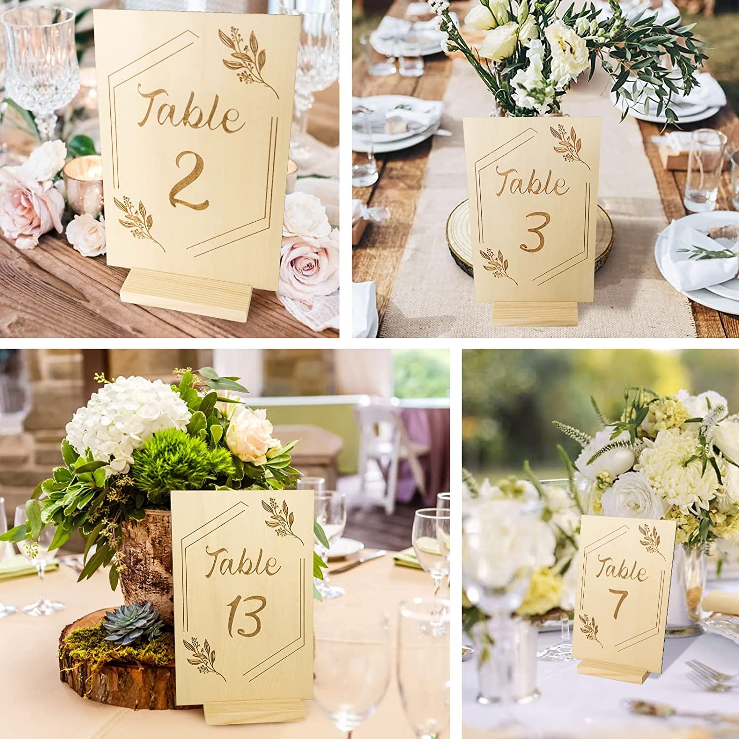 Nicro 4x6" Table Centerpieces Party Supplies Double Sided Place Card Rustic Wedding Wooden Laser Table Numbers Holder Stand Sign
