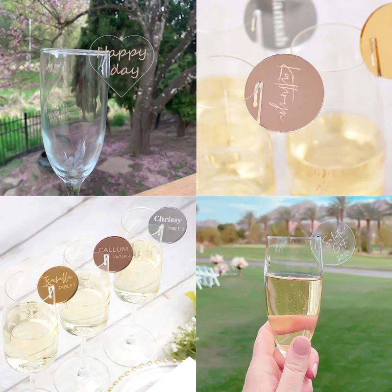 Custom 3D Gold Silver Mirror Round Acrylic Drink Wedding Place Name Card Clear Champagne Glass Tags Baby Shower Party Favors