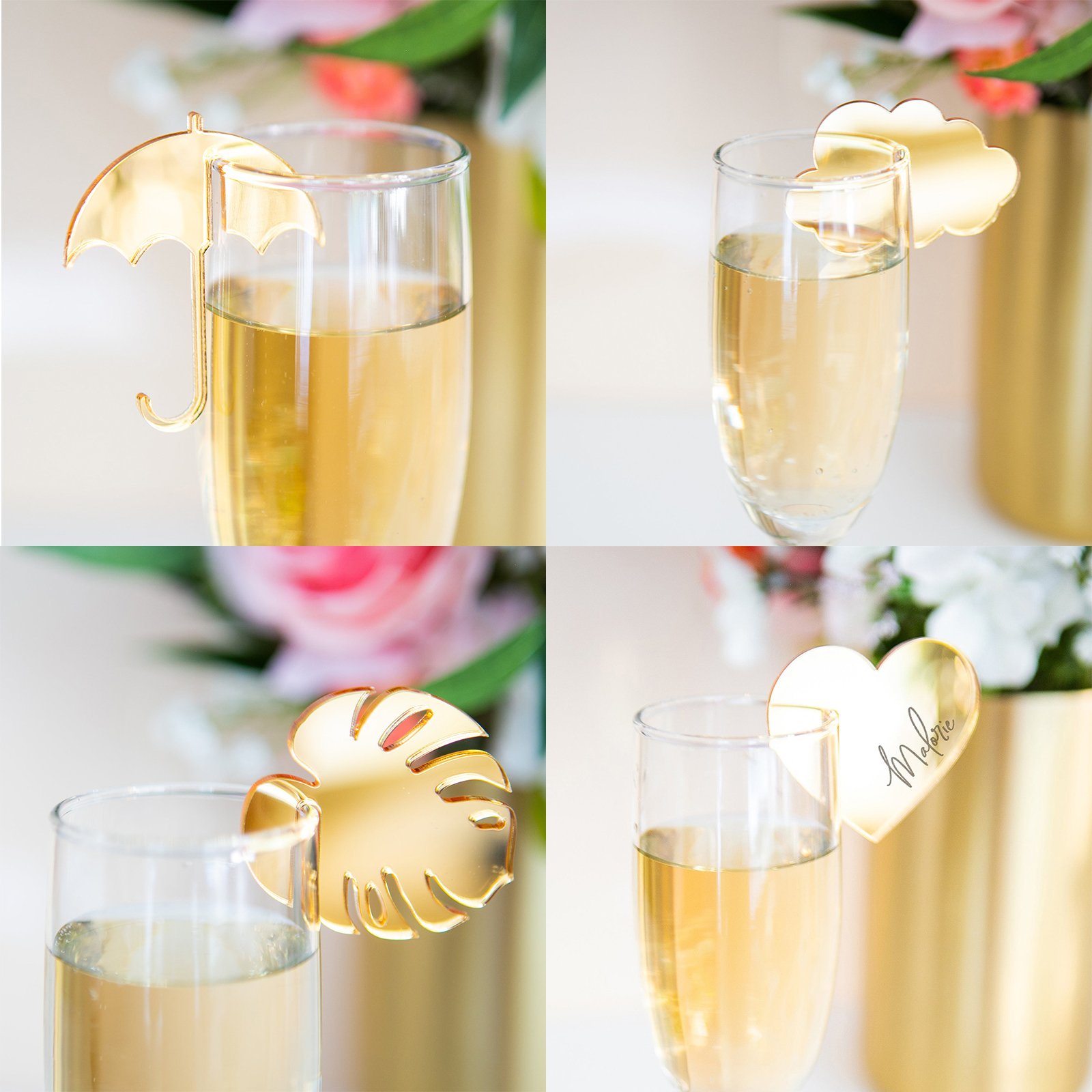 Custom 3D Gold Silver Mirror Round Acrylic Drink Wedding Place Name Card Clear Champagne Glass Tags Baby Shower Party Favors