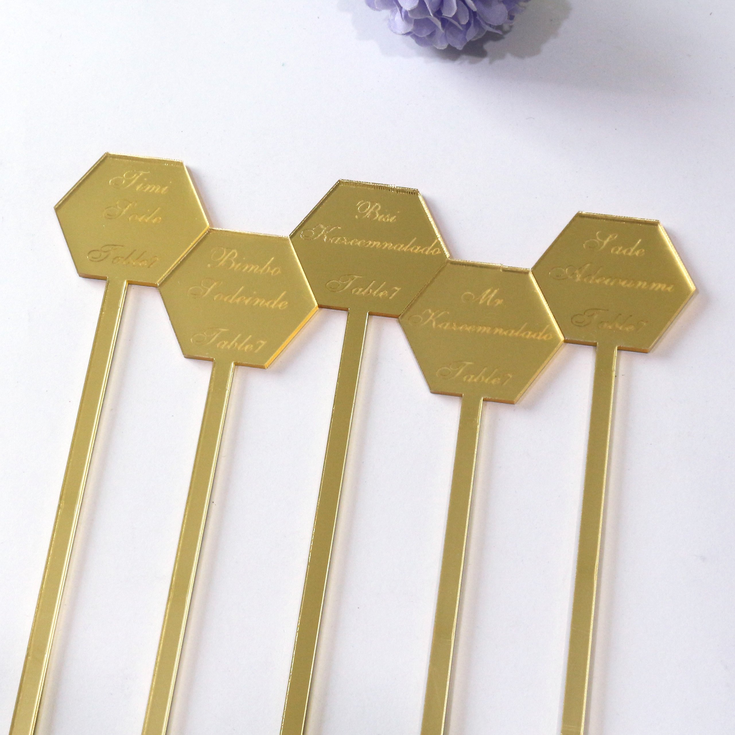 engraved different names on gold mirror Acrylic Drink Stirrers and Cocktail Swizzle Sticks and Escort Place Cards customized