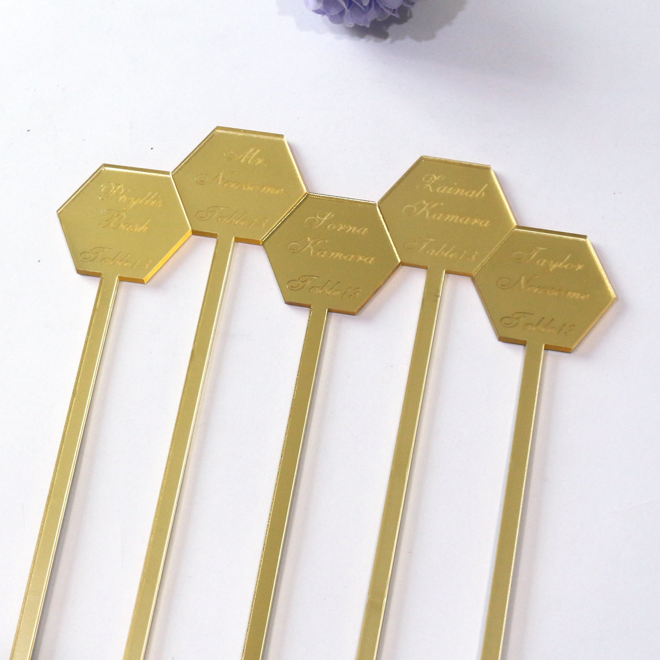 engraved different names on gold mirror Acrylic Drink Stirrers and Cocktail Swizzle Sticks and Escort Place Cards customized