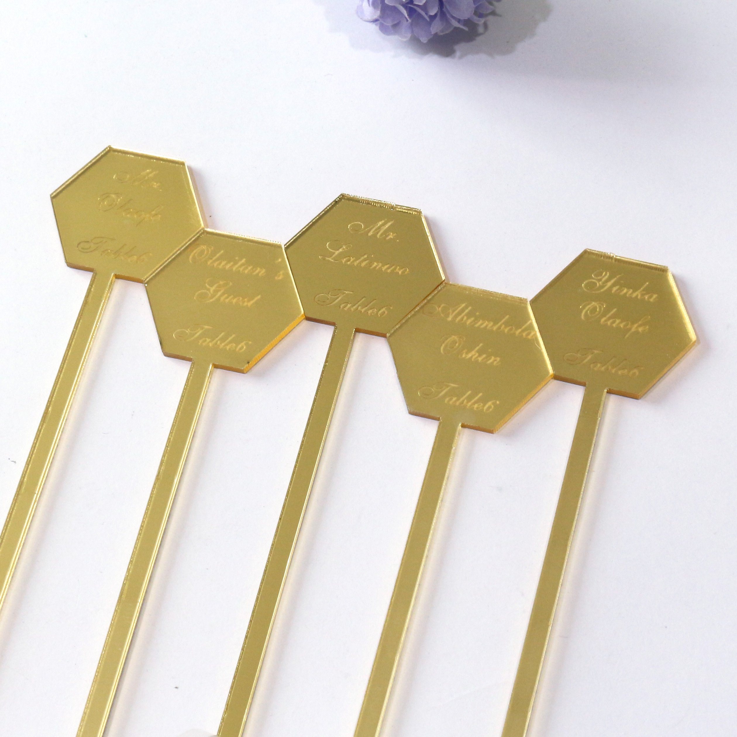 engraved different names on gold mirror Acrylic Drink Stirrers and Cocktail Swizzle Sticks and Escort Place Cards customized