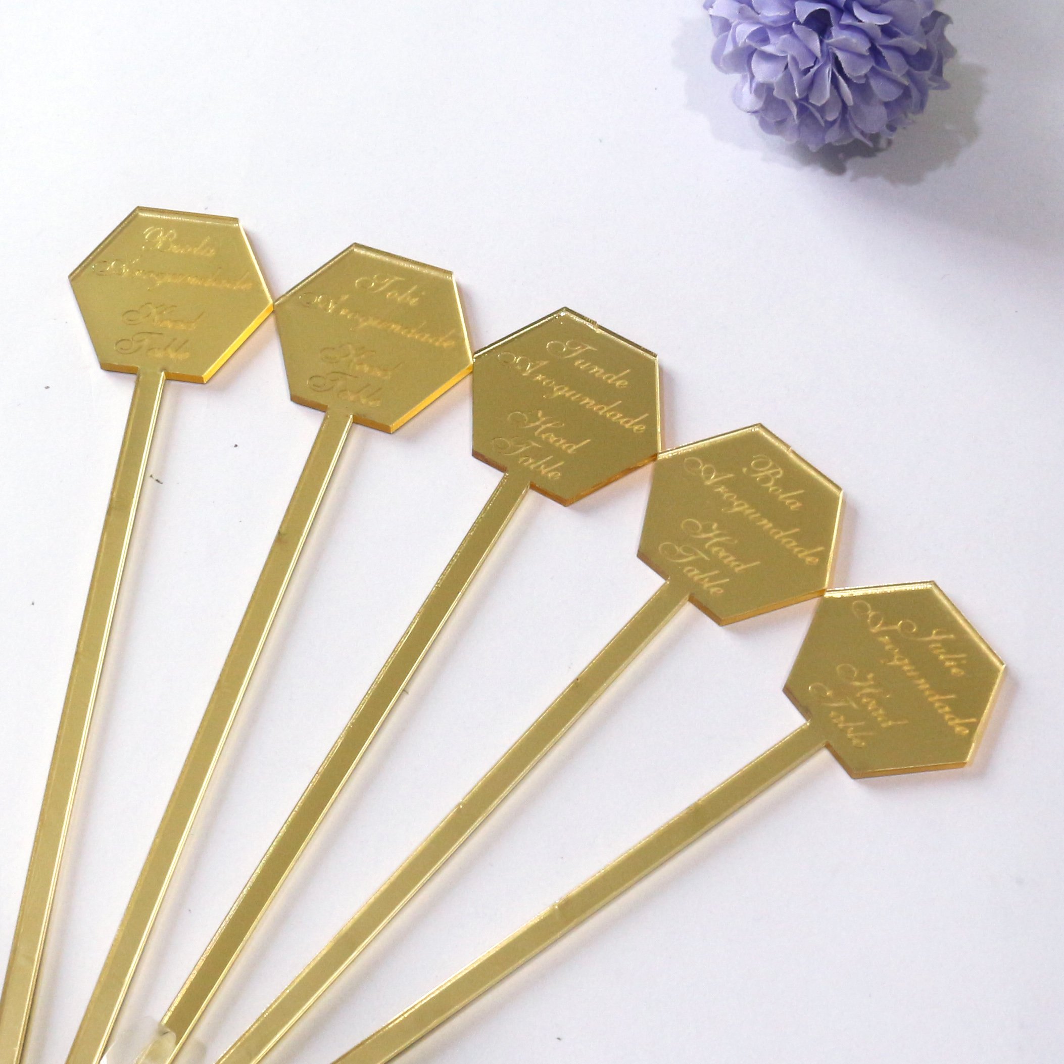 engraved different names on gold mirror Acrylic Drink Stirrers and Cocktail Swizzle Sticks and Escort Place Cards customized