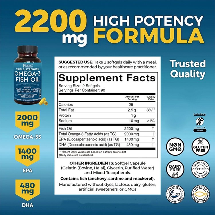 180 Count Omega 3 Fish Oil Supplement 2200mg per Serving Fatty Acid Supplements with EPA DHA & Omega3