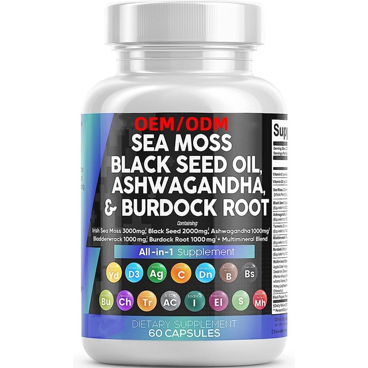 Sea Moss Black Seed Oil Ashwagandha & Burdock Root All in 1 Supplement Complex Capsules