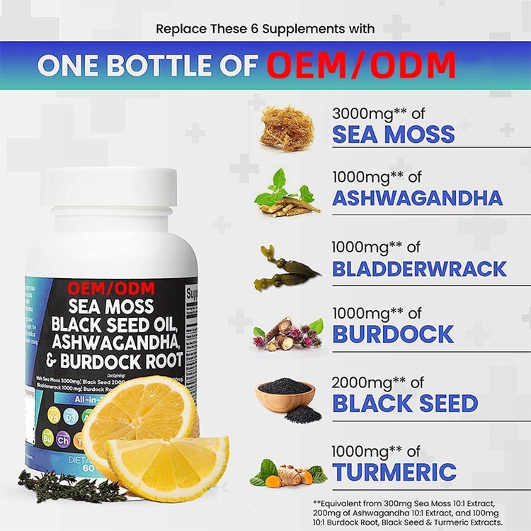 Sea Moss Black Seed Oil Ashwagandha & Burdock Root All in 1 Supplement Complex Capsules