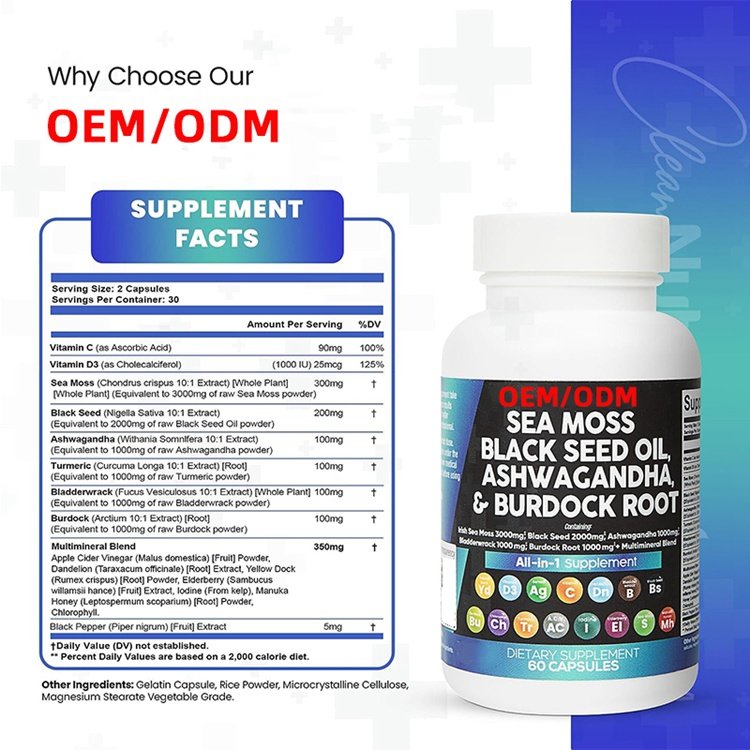 Sea Moss Black Seed Oil Ashwagandha & Burdock Root All in 1 Supplement Complex Capsules