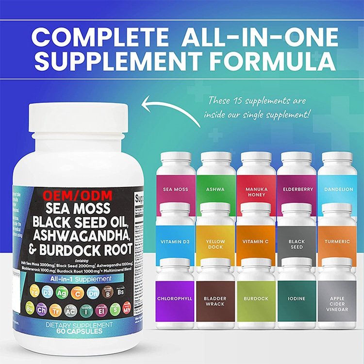 Sea Moss Black Seed Oil Ashwagandha & Burdock Root All in 1 Supplement Complex Capsules