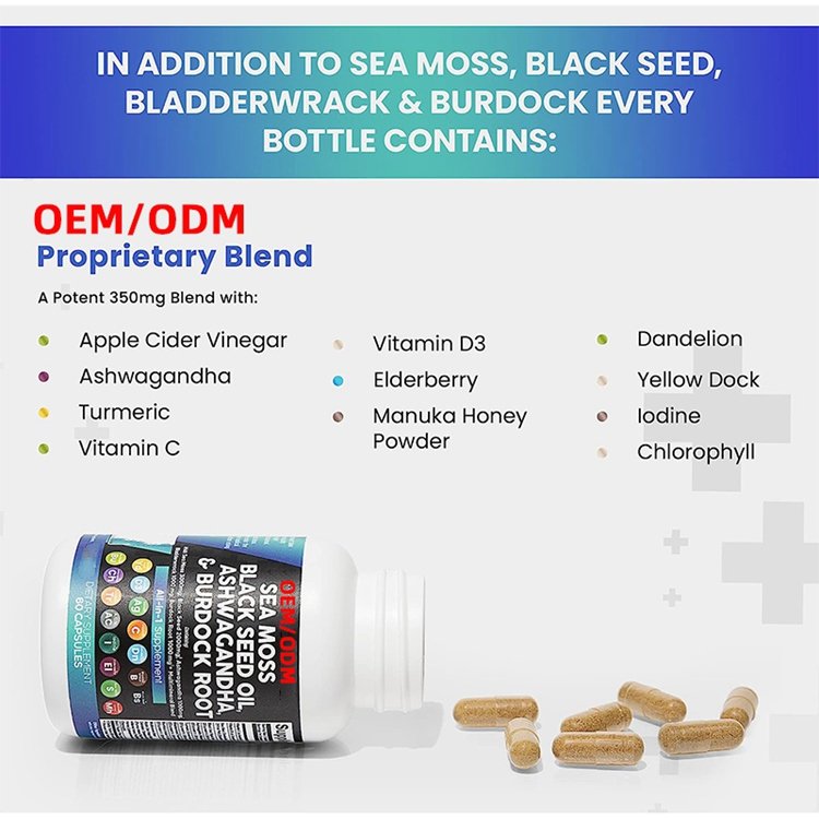 Sea Moss Black Seed Oil Ashwagandha & Burdock Root All in 1 Supplement Complex Capsules