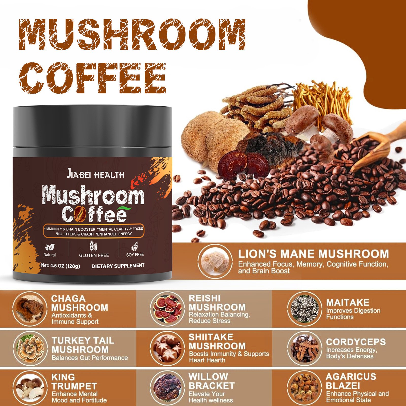 OEM Organic Lions Mane Mushroom Coffee Powder private label supplement mushroom coffee instant coffee