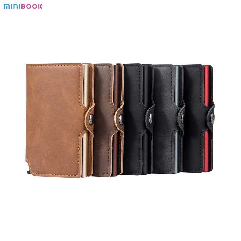 Slim custom smart card holder aluminium pop up PU leather men security credit card holder display wallet wallet with card holder