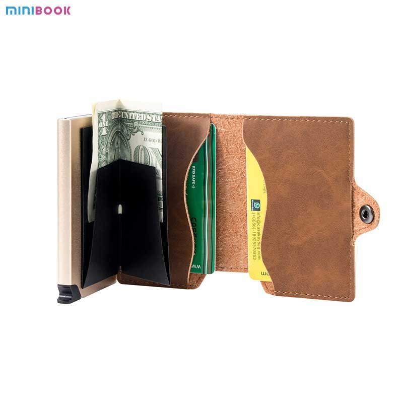 Slim custom smart card holder aluminium pop up PU leather men security credit card holder display wallet wallet with card holder